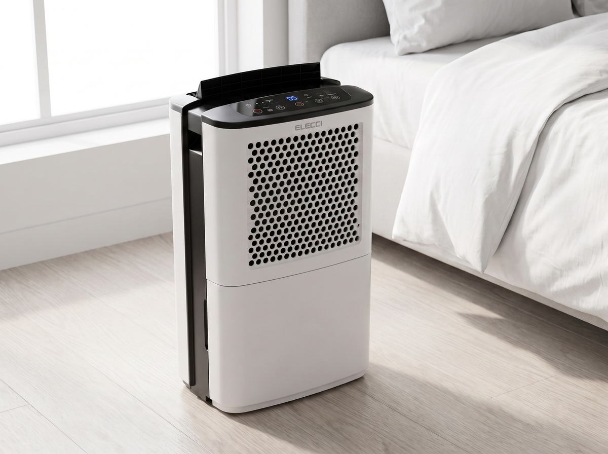 Déshumidificateur compact 12 L dans une chambre lumineuse