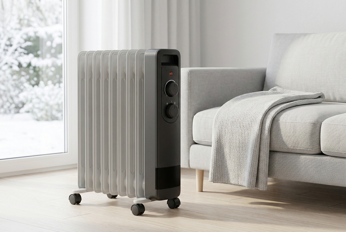 Radiateur bain d'huile gris dans un salon clair, jardin enneigé par la fenêtre