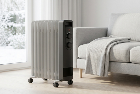 Radiateur bain d'huile gris dans un salon clair, jardin enneigé par la fenêtre