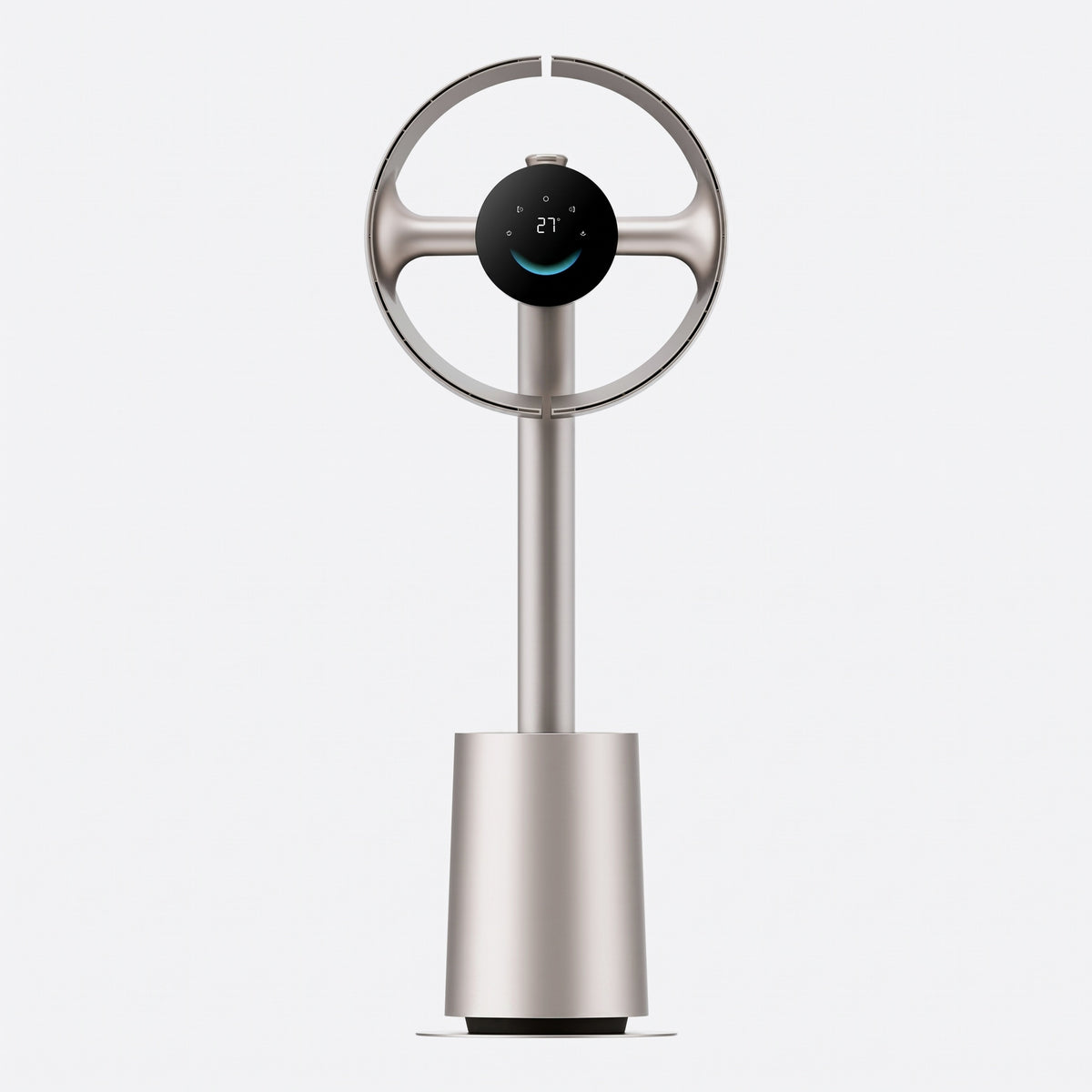 Ventilateur sans pales 270° or titane sur fond gris clair — anneau à deux ailettes pivotantes et écran tactile circulaire
