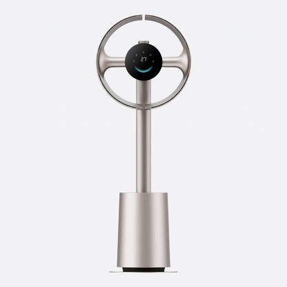 Ventilateur sans pales 270° or titane sur fond gris clair — anneau à deux ailettes pivotantes et écran tactile circulaire
