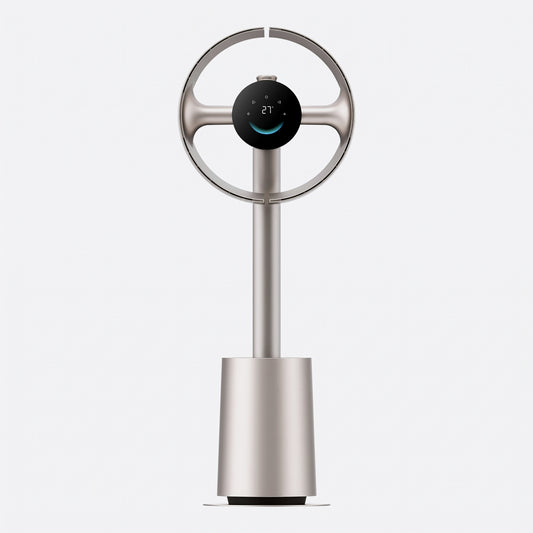 Ventilateur sans pales 270° or titane sur fond gris clair — anneau à deux ailettes pivotantes et écran tactile circulaire
