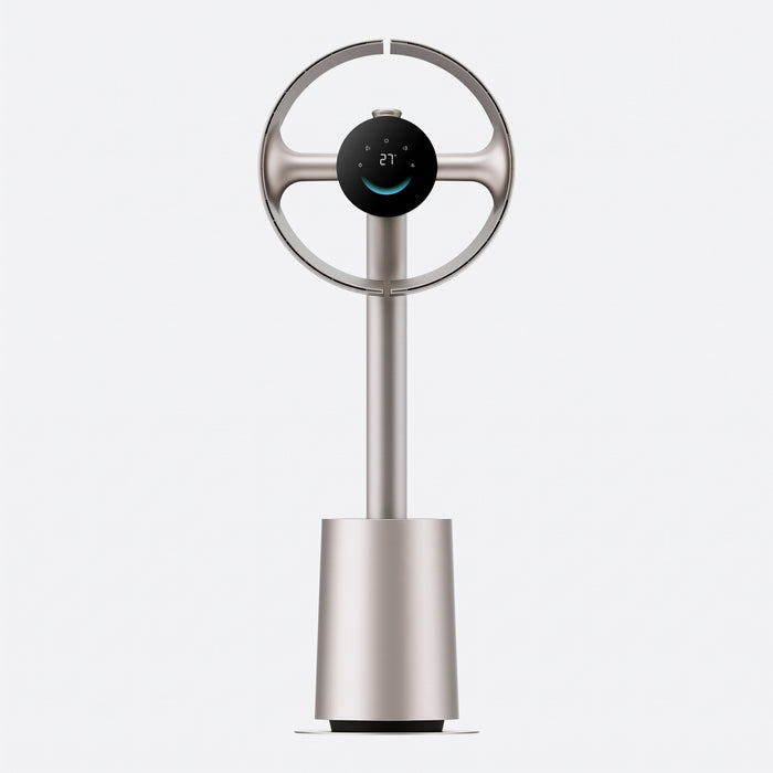 Ventilateur sans pales 270° or titane sur fond gris clair — anneau à deux ailettes pivotantes et écran tactile circulaire