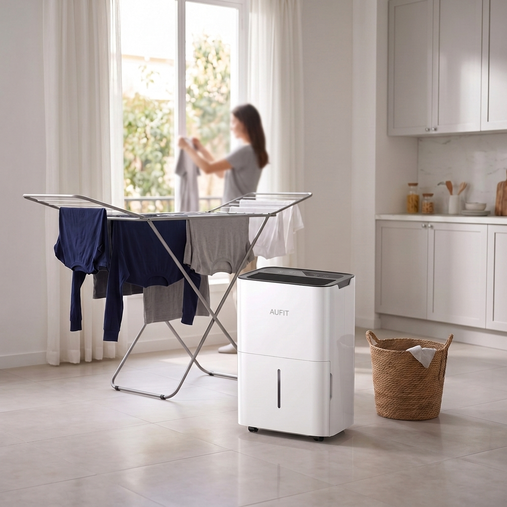 Déshumidificateur 20 L/jour — buanderie avec étendoir