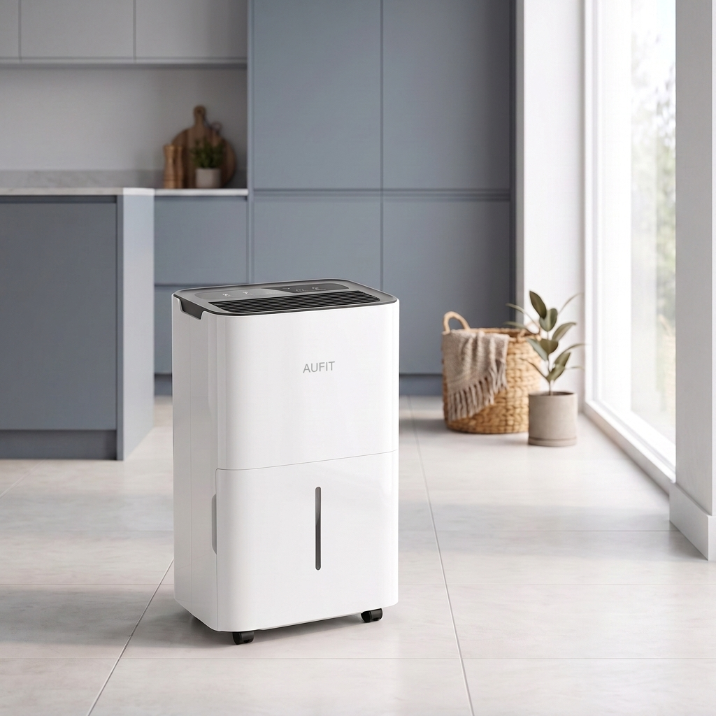 Déshumidificateur 20 L/jour — cuisine, échelle réelle