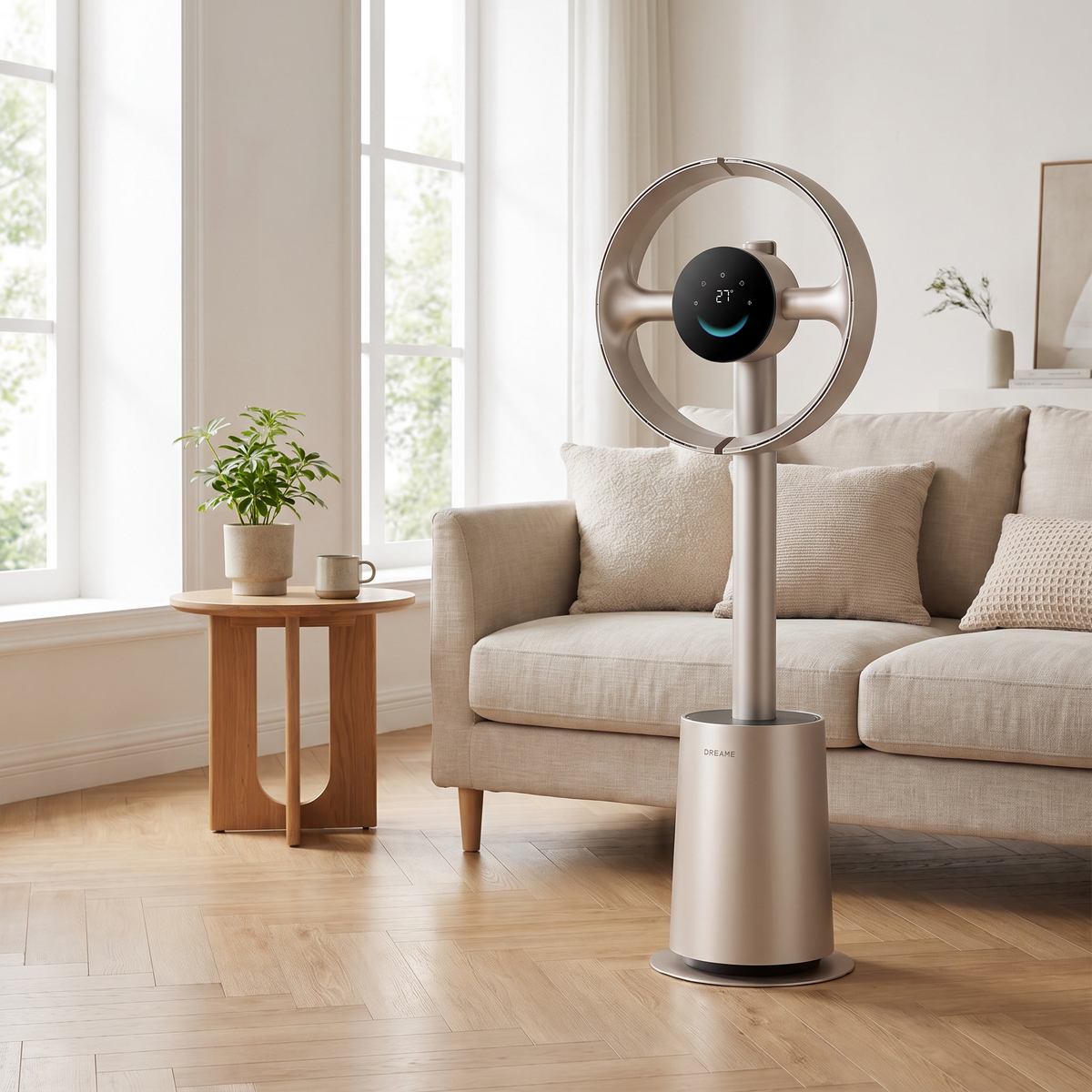 Ventilateur sans pales or titane dans un salon lumineux, posé près d'un canapé