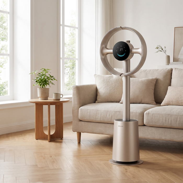 Ventilateur sans pales or titane dans un salon lumineux, posé près d'un canapé