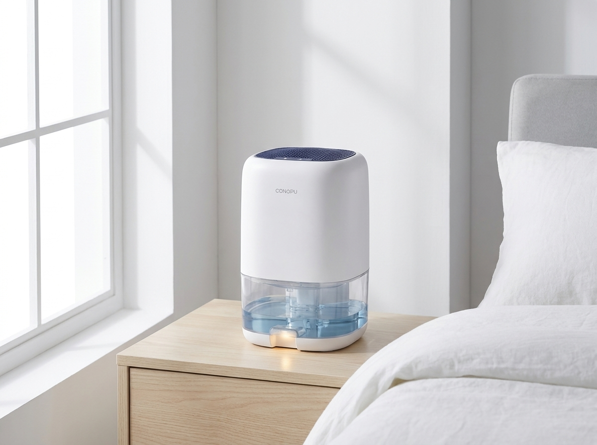 Mini déshumidificateur silencieux sur une table de chevet